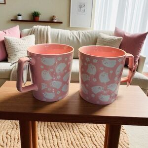 10 Strawberry Street Happy Hauntings Pink Halloween Ghost Mug Set of 2 NEW